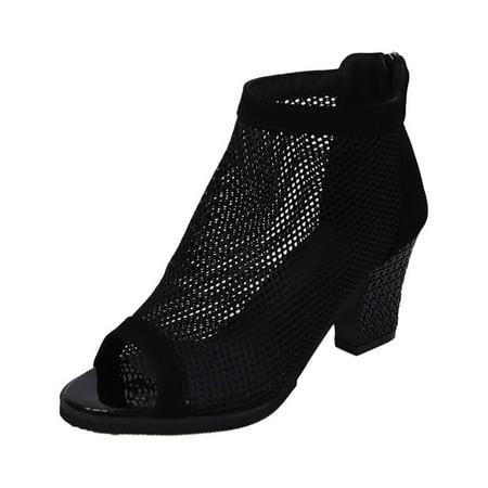 

Arch Supports for Womens Sandals Ladies Mid-Cut Block Heel Zipper Black Leopard Mesh Fashion High-heeled Sandals