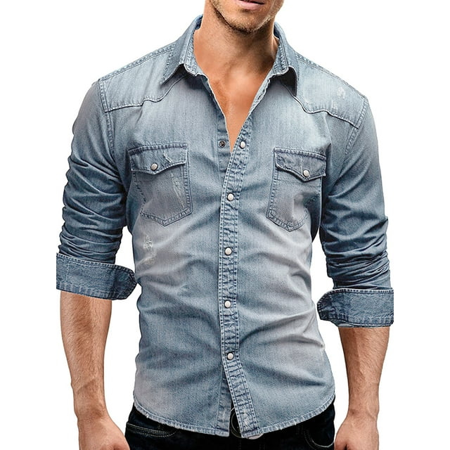 xiaxaixu Men's Spring Autumn Casual Shirts Solid Color Long Sleeve Lapel Denim Tops Button Shirts for Party