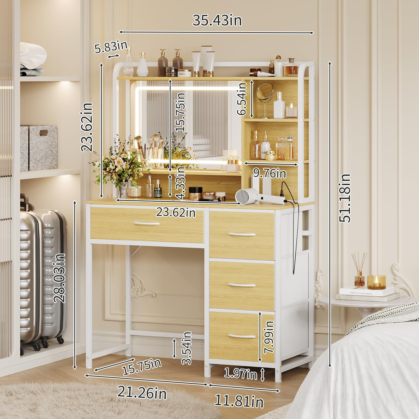 Kicctian Modern Makeup Vanity Set with Mirror - Dressing Table Featuring 4 Fabric Drawers & Shelves, Bedroom Furniture Gift for Women,Wood Color