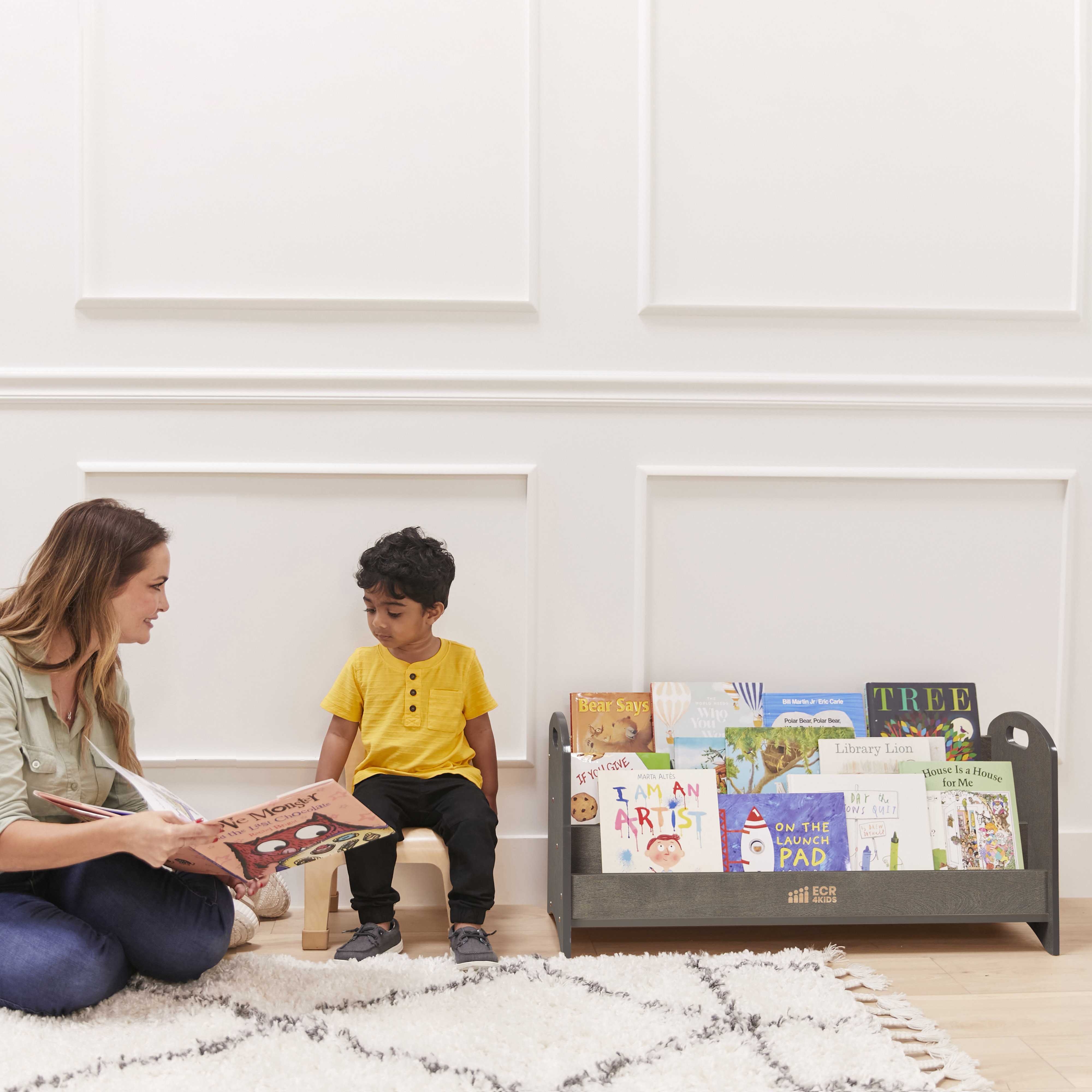 ECR4Kids 3-Shelf Floor Book Display with Handles, 36in, Children's Furniture, Grey Wash