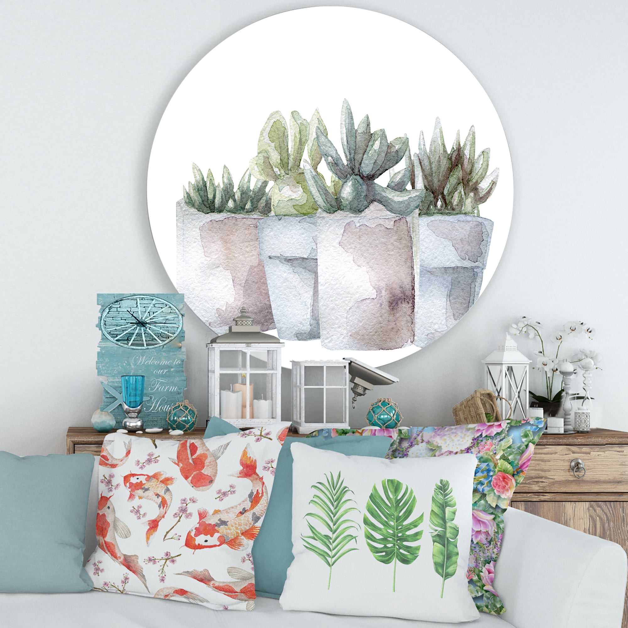 Designart 'Succulent and Cactus House Plants III' Farmhouse Circle Metal Wall Art 36x36 - Disc of 36