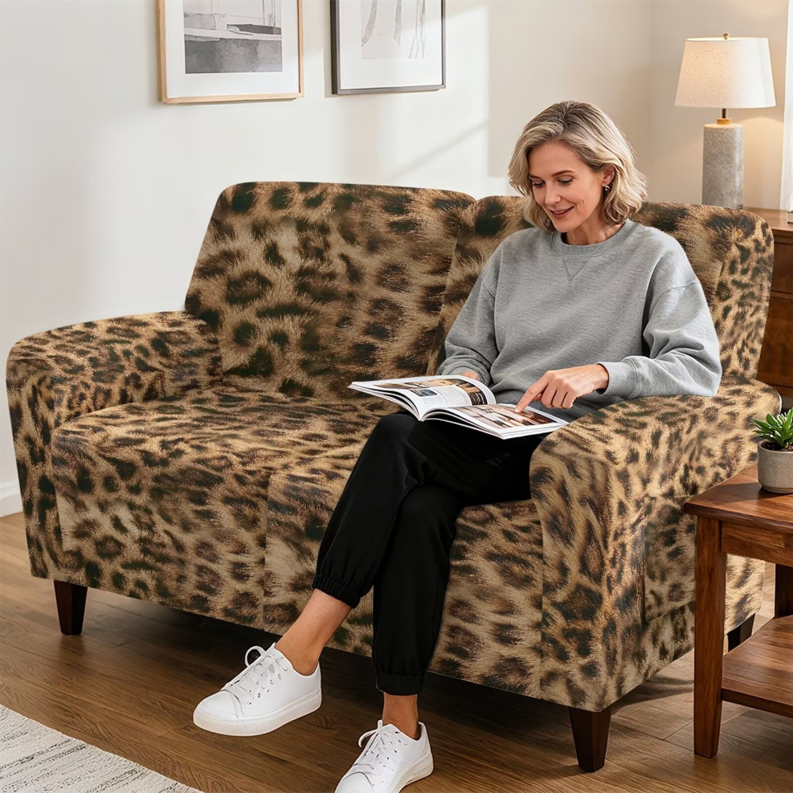 Yuyamidu Brown Leopard Print Loveseat Recliner Covers 2 Seater Soft Recliner Loveseat Slipcover with Elastic Edge Easy to Install Furniture Protector