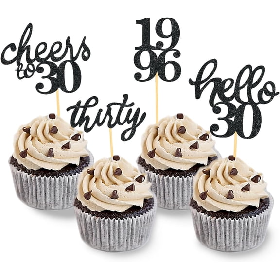 10 PCS Glitter 30th Birthday Cupcake Toppers for Celebrating Thirty Years Old Birthday Party Decorations for 30th Anniversary Party Supplies (Black)