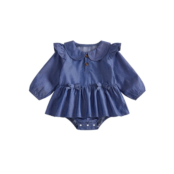 Cjfdfy Newborn Baby Girl Denim Button bow Romper Ruffle Long Sleeve Doll Collar Bodysuit Cute Infant Blue Jean Dresses Fall Winter Clothes 0-18 Months