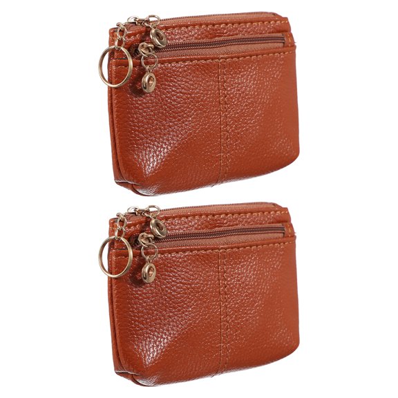 5" x 3.5" Coin Purse Pouch, 2Pcs Leather Change Purses Small Organizer Bags with Zipper Key Ring for Women Men Home, Brown