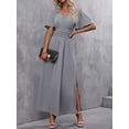 thumbnail image 7 of Grey V-Neck Butterfly Sleeve High Slit Maxi Dress With Belted Waist For Women, 7 of 7