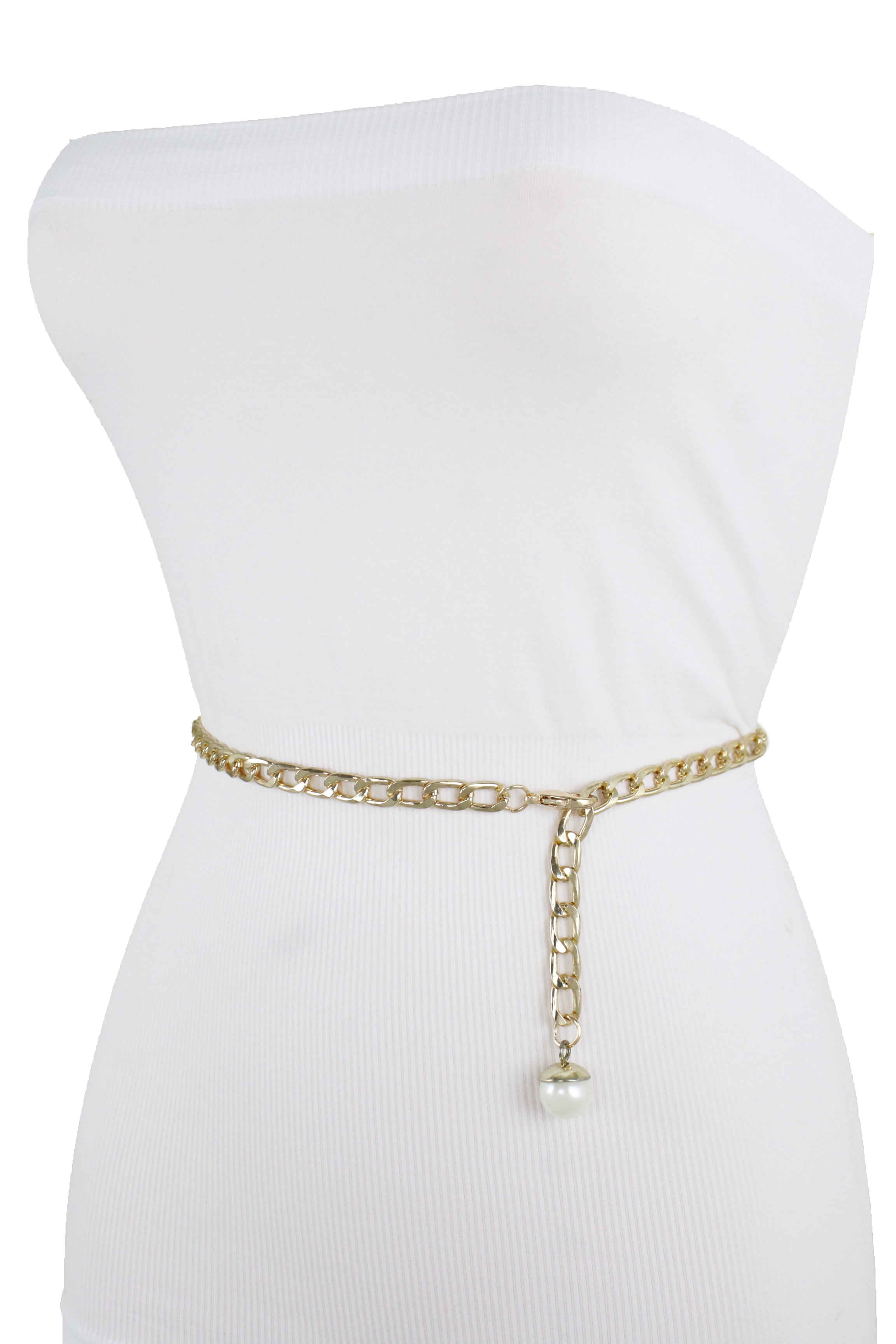 Women Skinny Waistband Fashion Belt Gold Metal Chain Pearl Bead Charm M ...