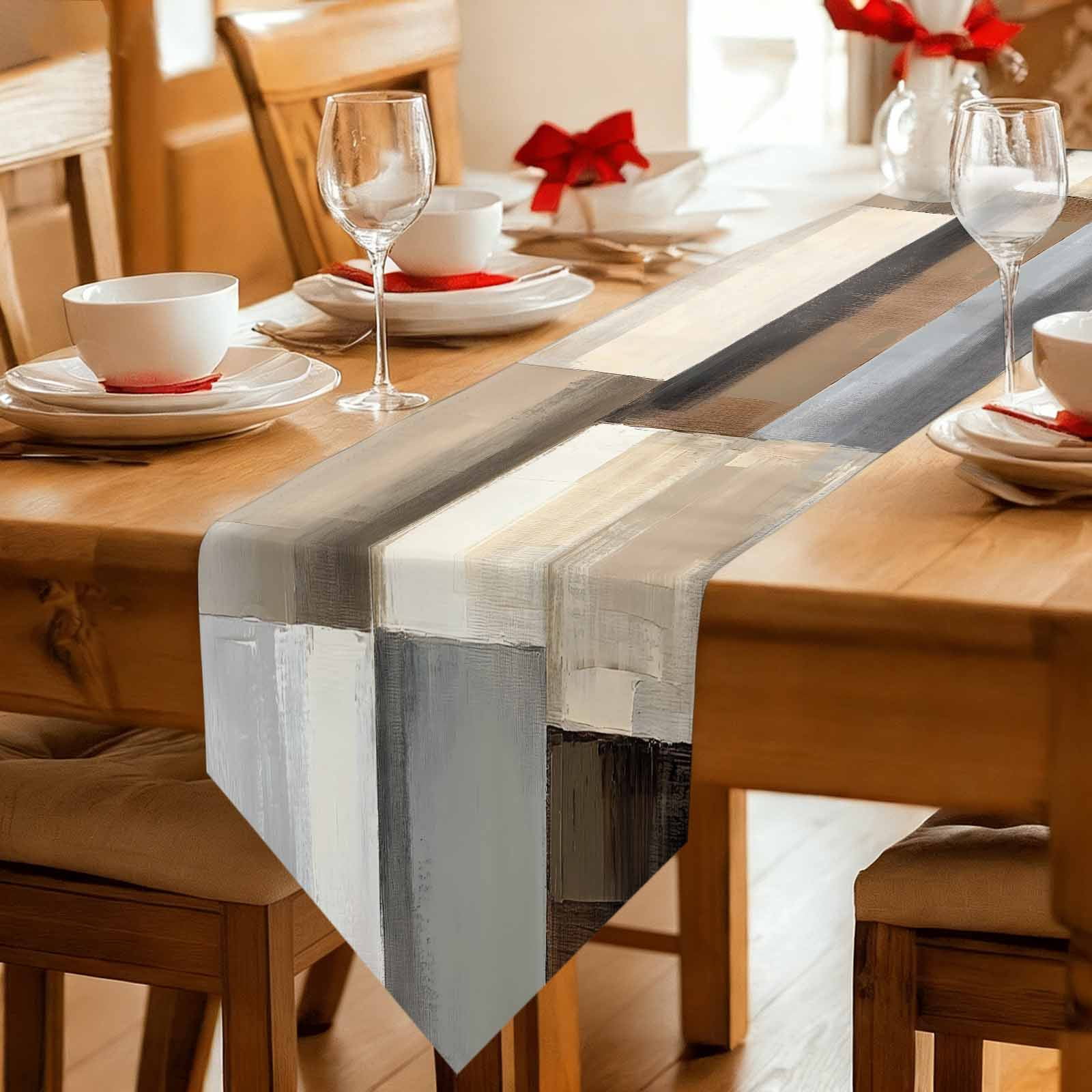Abstract Brown Beige Table Runner Linen Burlap Table Runner 90 Inches Long Simple Oil Painting Art Dresser Scarves for Kitchen Island Coffee Dining Room Party Wedding Banquet Holiday Decor 13"x90"