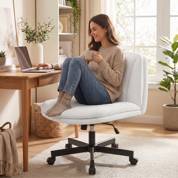 COOLHUT Cross Legged Office Chair with Wheels Armless-Office Desk Chair, Modern Vanity Computer Task Chairs for Home Bedroom, Comfortable Wide Seat for Lower Back Pain Rel, Velvet Fabric, Pearl White