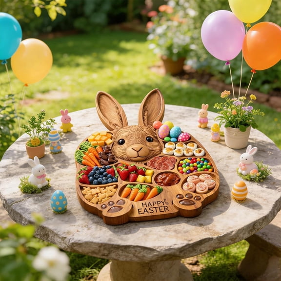 JHdrYfe Easter Bunny Charcuterie Board, Wooden Bunny Serving Tray Appetizer Plate for Easter Party Decoration