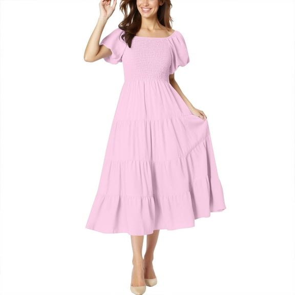 2025 Summer Casual Midi Dress for Women Short Puff Sleeve Solid Color High Waist Smocked Tiered Ruffle Flowy Dresses