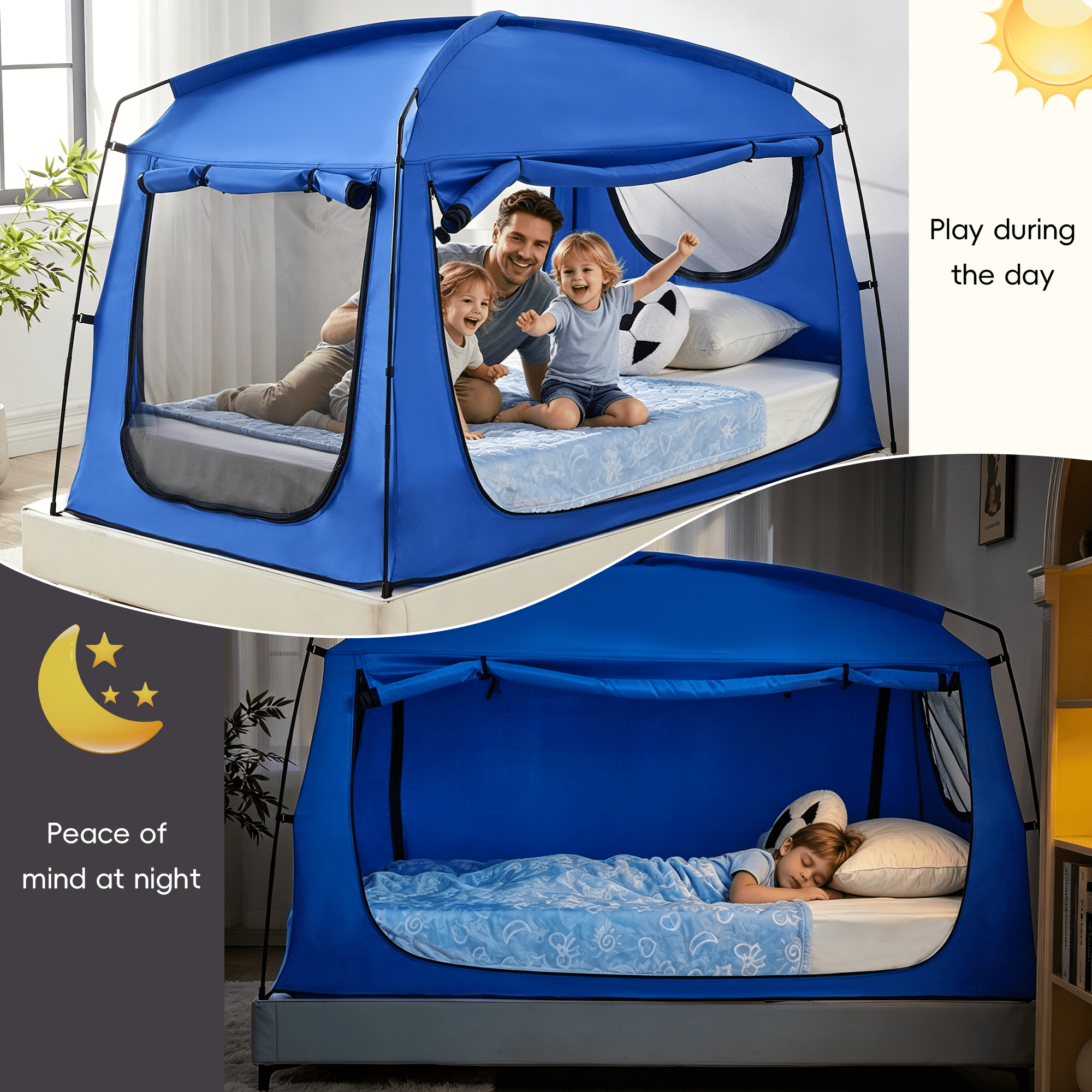 Blue Privacy Twin Size Bed Tent for Adults Kids,Blackout Sleep Bed Tents Canopy Breathable Mesh Windows
