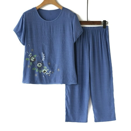 

Summer Savings HJCOMMED Women s 2 Piece Outfits Women Casual Floral Printed Round Neck Short Sleeve Cotton Top And Loose Elasticated Long Wide Leg Trousers Set Comfortable Home Wear Pajamas Blue