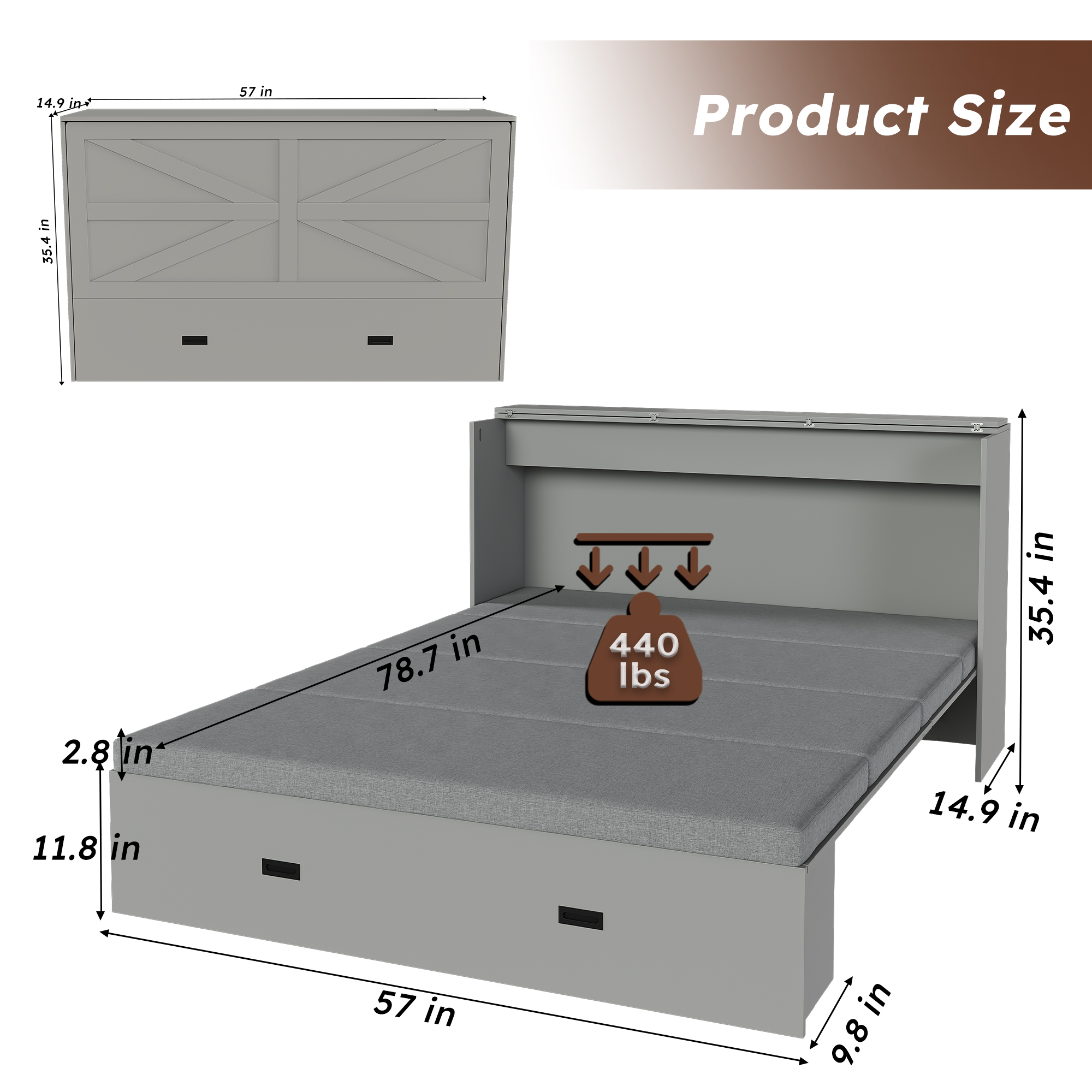 Mintazer Full Murphy Bed with 2.8" Mattress & Charging Station, Foldable Cabinet Bed with Storage Drawers for Bedroom Guest Room&nbsp;Living Room, Gray