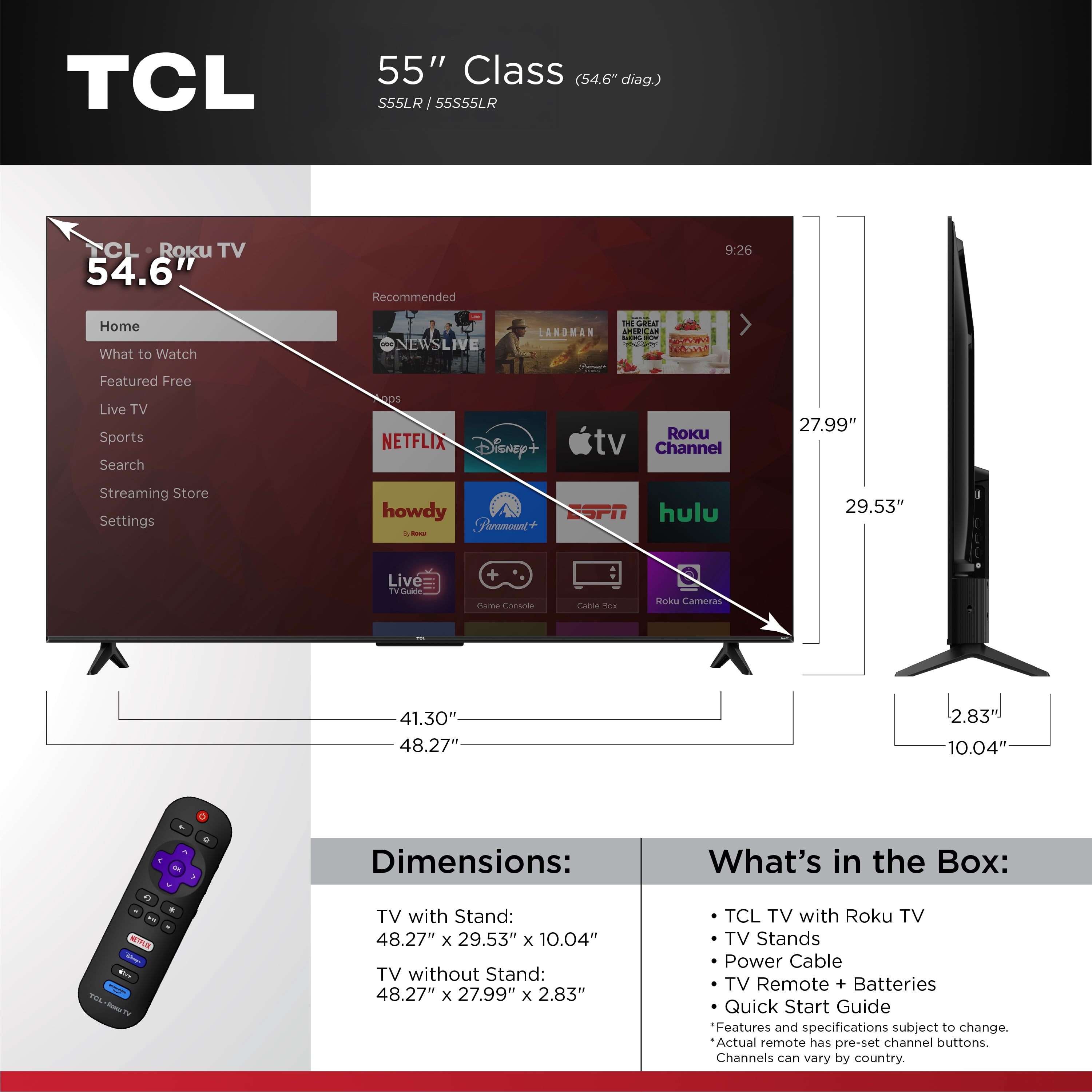 TCL 55” Class S55LR Series 4K HDR LED Smart Roku TV (New 2026) - High Brightness LED Backlight, Wide Color Gamut, Motion Rate 240, Auto Game Mode - 55S55LR