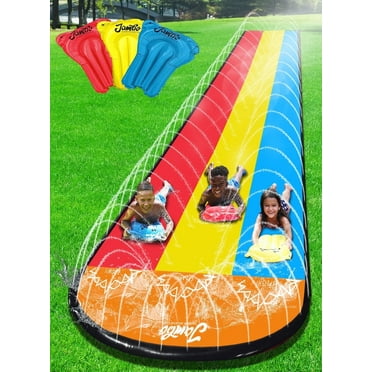 Jambo 20' Extra Long Triple Lane Slip Splash and Slide Updated - with 3 Body Boards, Water Slide with Advanced Sprinklers System | Backyard Waterslide Outdoor Water Toys Slides for Kids