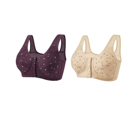 Huuilaibazoo 2 Pack Daisy Bras for Older Women Front Closure Push Up Wireless Bralette Full Coverage Lightly Bra