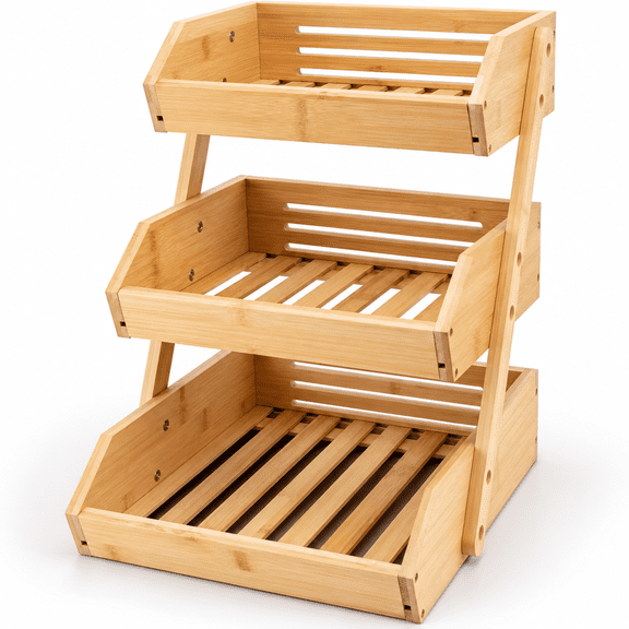 3-Tier Bamboo Fruit Basket for Kitchen Counter, Fruit & Vegetable Organizer Stand