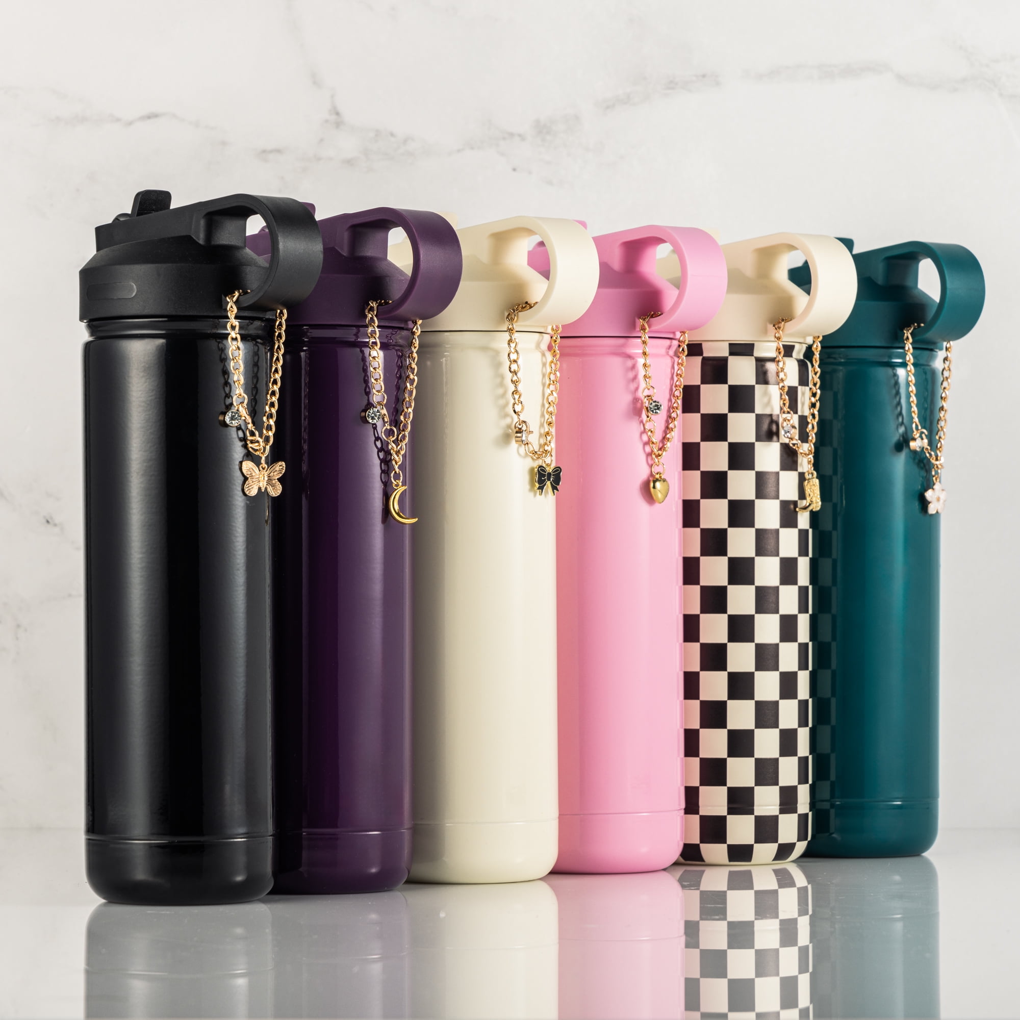 Thyme & Table 26 oz Water Bottle with Straw Lid, Teal with Flower Gold Charm