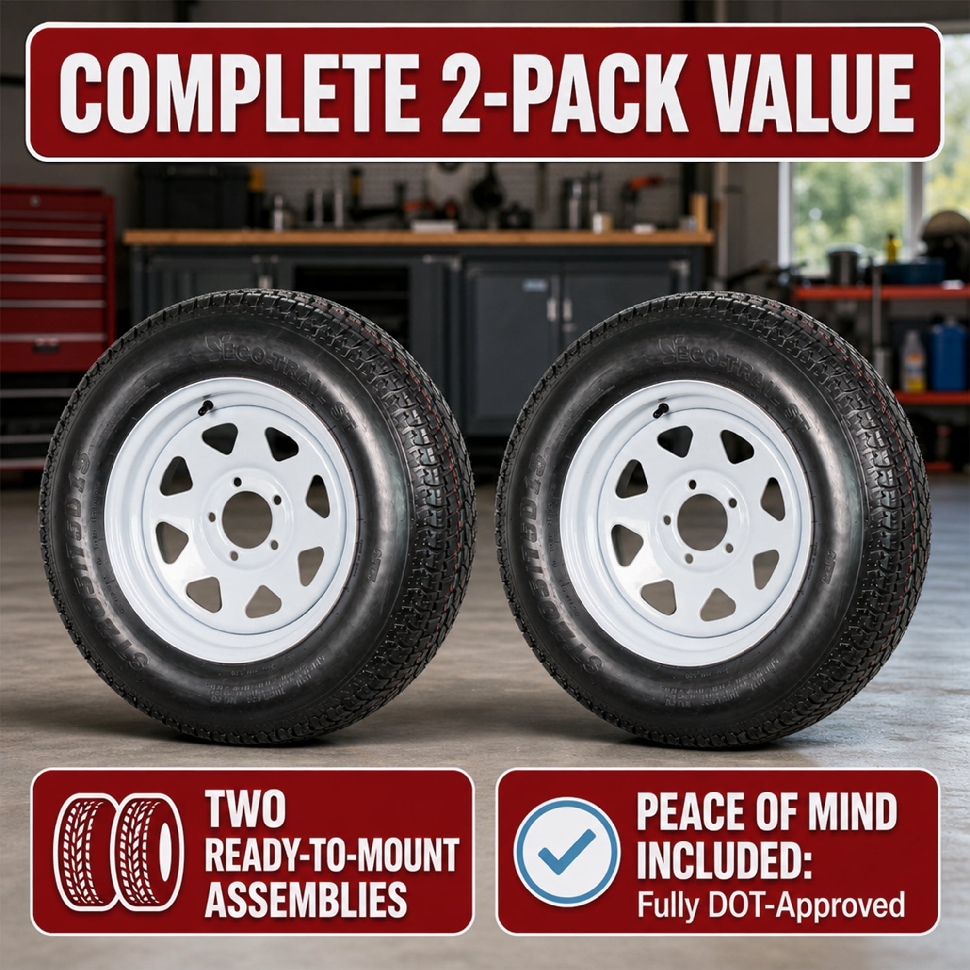 eCustomrim 2-Pack Trailer Tire Rim ST205/75D15 Load C 15 Inch 5 Lug White Wheel