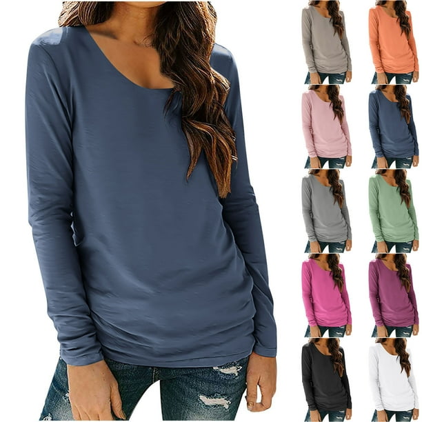RKSTN Long Sleeve Shirts for Women Oversized Crewneck Slim Base Layer T Shirt Top Womens Casual Solid Plus Size Round Neck Loose Fits Comfy Cozy Basic Tee Shirt Fall Spring Clothes