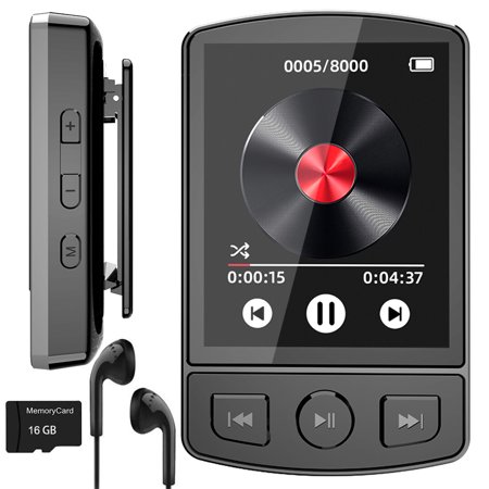 16GB Clip Mp3 Player with Bluetooth 1.8 Screen Mini Portable Wearable Mp3 with FM Radio and Voice Recorder for Sport Running
