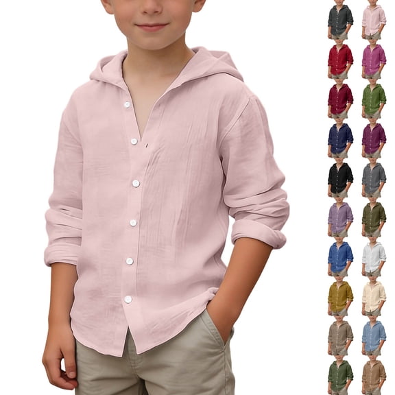 Fozruso Boys Button Down Shirt Long Sleeve Summer Beach Blouse with Hooded for Toddler and Kids
