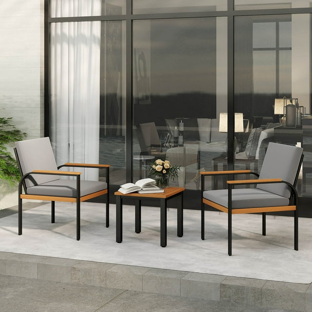 Costway Ensemble de Mobilier de Patio 3 Pcs avec Table Basse Coussins Amovibles Accoudoirs en Bois d'Acacia Gris