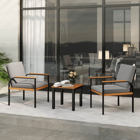 Costway 3 PCS Patio Furniture Set with Coffee Table Removable Cushions Acacia Wood Armrests Gray