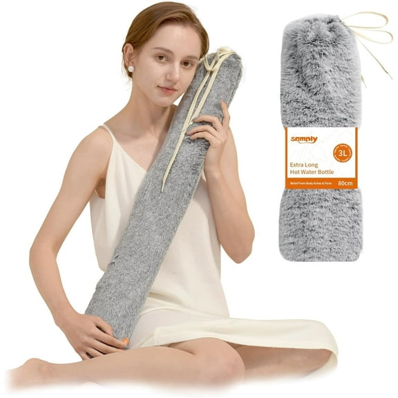 samply Long Hot Water Bottle - 3L Large Capacity, Hot Water Bag with Furry Cover, Grey