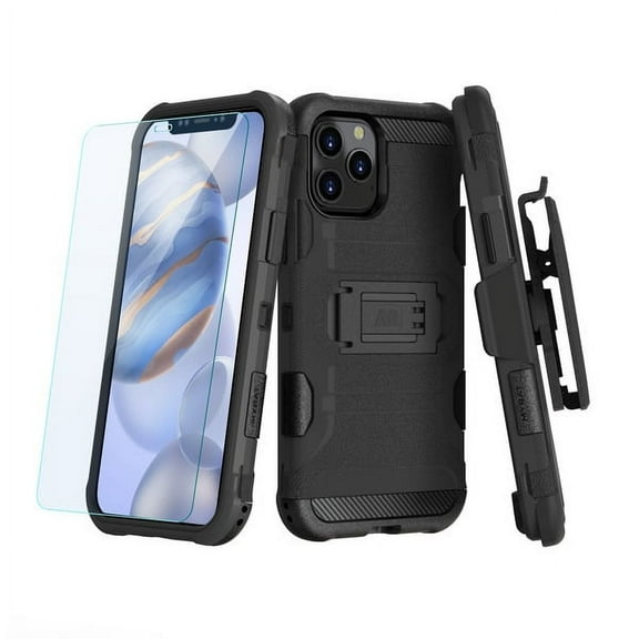 Apple iPhone 12, 12 PRO /6.1" Hybrid Armor Rugged TPU Rubber Shockproof Holster Tempered Glass Screen Protector BLACK Phone Cover for iPhone 12 /iPhone 12 PRO
