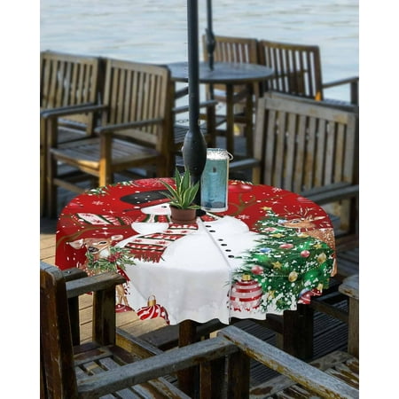 

Red Snowman Christmas Outdoor Tablecloth - 54x80 Inch Rectangle Dining Table Cover Elk Xmas Balls Snowflake Waterproof Outdoor Table Cloth with Umbrella Hole & Zipper for Picnic/Patio