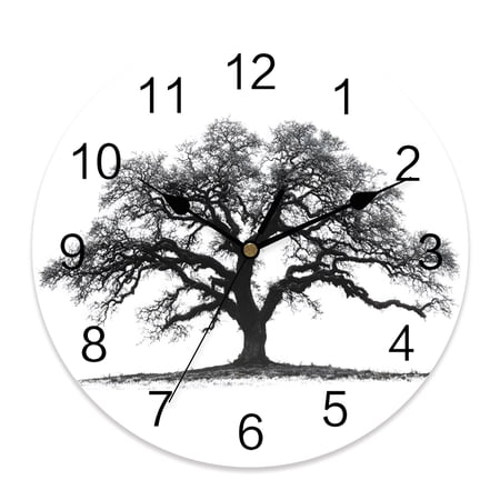 Wall Clock Oak Tree Forest Clocks PVC Silent Non-Ticking Battery Operated Decorative Black Deep Roots Wide Branches Round Clock for Home Living Room Kitchen Bedroom Office School Wall Decor 10 Inch
