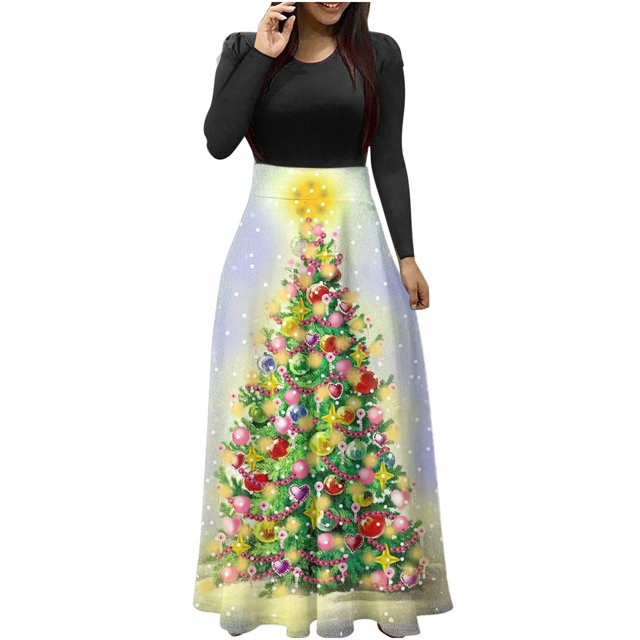 Robes pour Femmes 2022 Noël Col Rond Manches Longues Patchwork Imprimé Robe Longue Ligne A Robe Maxi Automne Dames