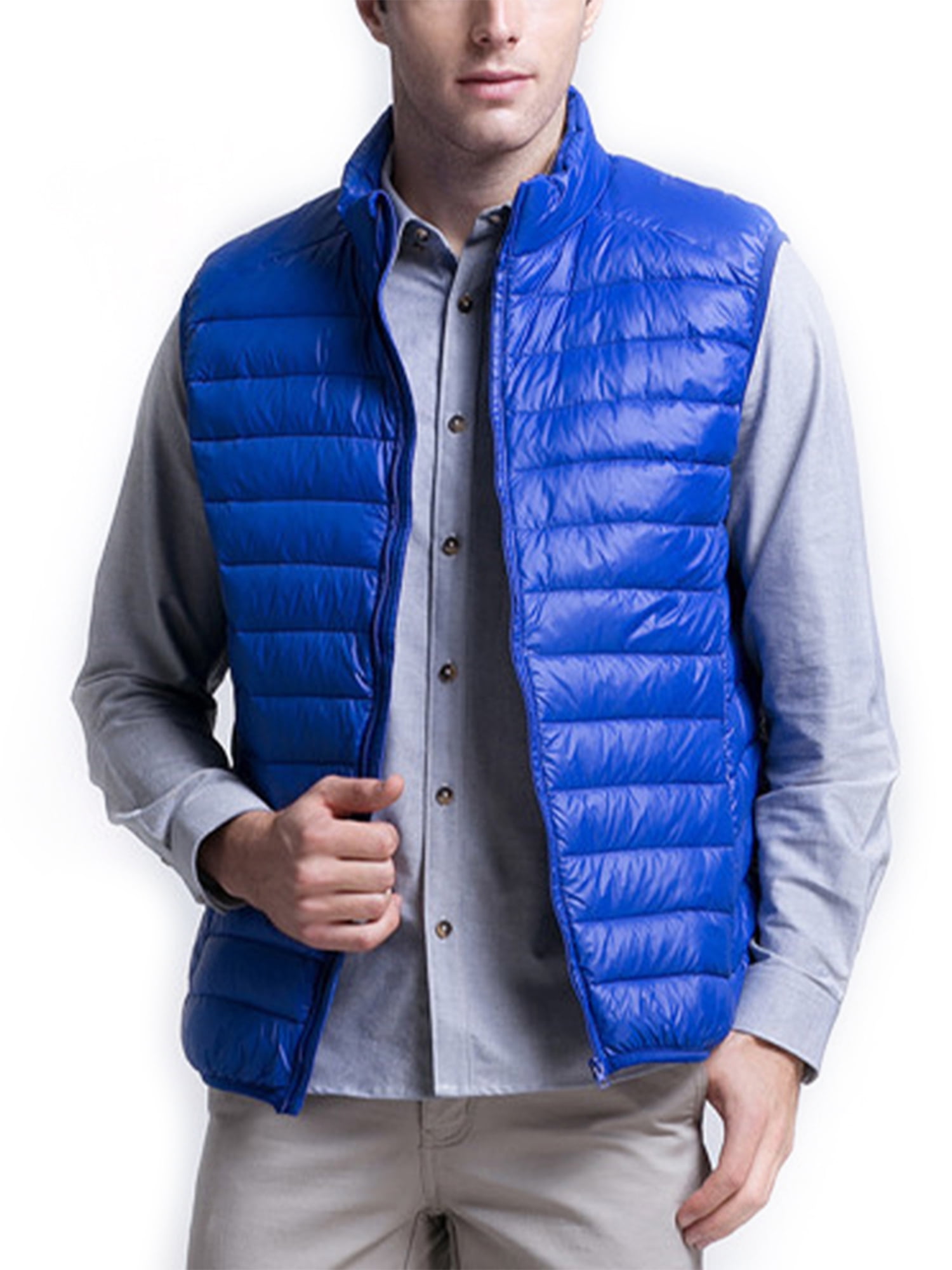 GRMO Men Sleeveless Plus Size Warm Quilted Stand Collar Zip Front Down Vest 