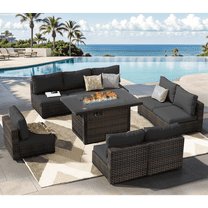 Gaildon 9 Piece Patio Furniture Set with Fire Pit Table, All Weather Outdoor Sectional PE Rattan, Patio Conversation Sets with Cushions for Garden Lawn Balcony Porch Deck, Black