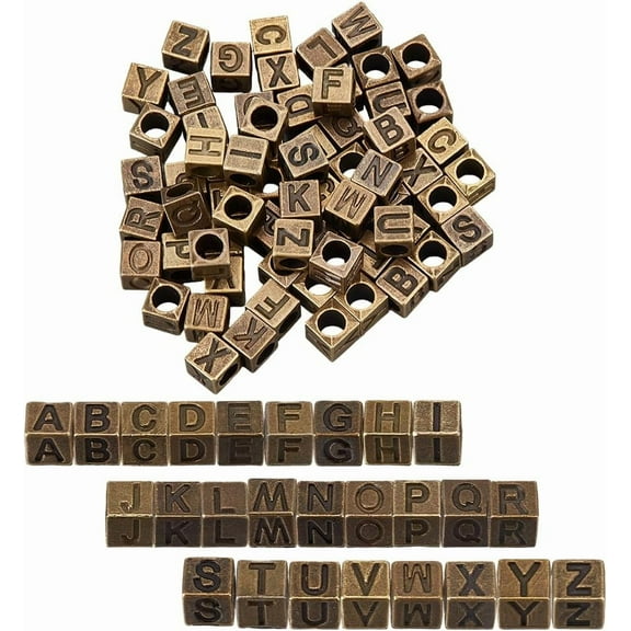 1 Box 104Pcs 26 Styles Metal Letter Bead Square Alphabet Beads Bronze Alloy Cube A to Z Charm Large Hole Loose Spacer Beads for Jewelry Making Necklace Bracelets DIY Crafts Supplies Colorful