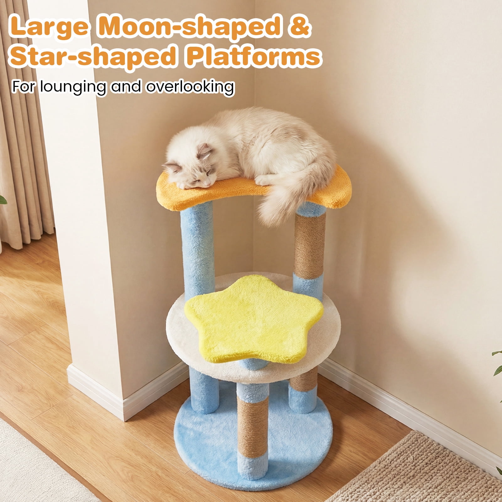 Costway 29” Cute Modern Cat Tree with Star & Moon Shaped Platforms, Jute Scratching Posts Blue