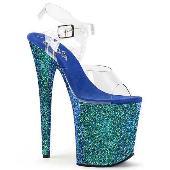 8" Heel, 4" PF Ankle Strap Sandal W/Holographic Glitter Cov - Clr/Blue Holo Glitter, 8