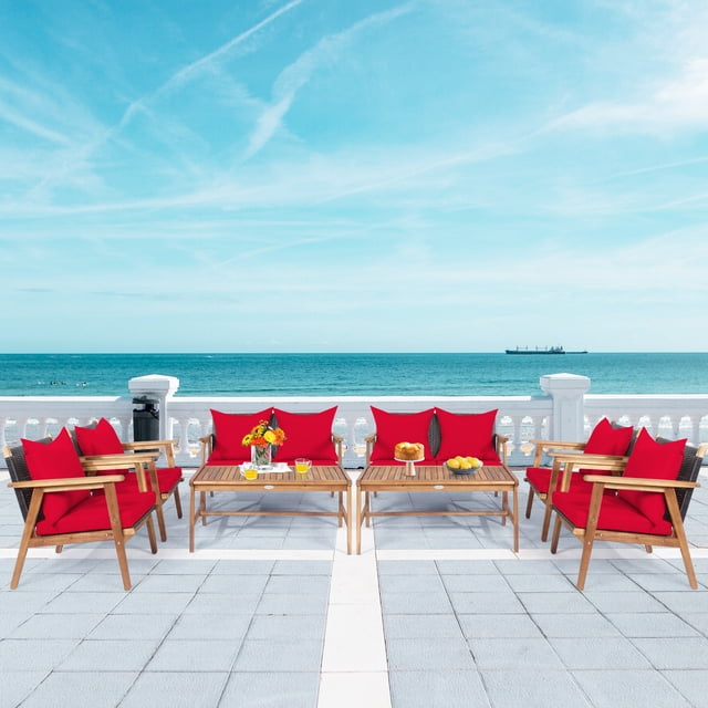 Patiojoy 8PCS Patio Outdoor Rattan Furniture Set Acacia Wood Frame Conversation Set w/Coffee Table Red
