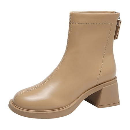 OJSFQUFP Ankle Boots for Women Fashion Women Artificial Leather Autumn Thick Sole Square Heels Zipper Short Booties Round Toe Shoes Women s Dress Boots Khaki 37