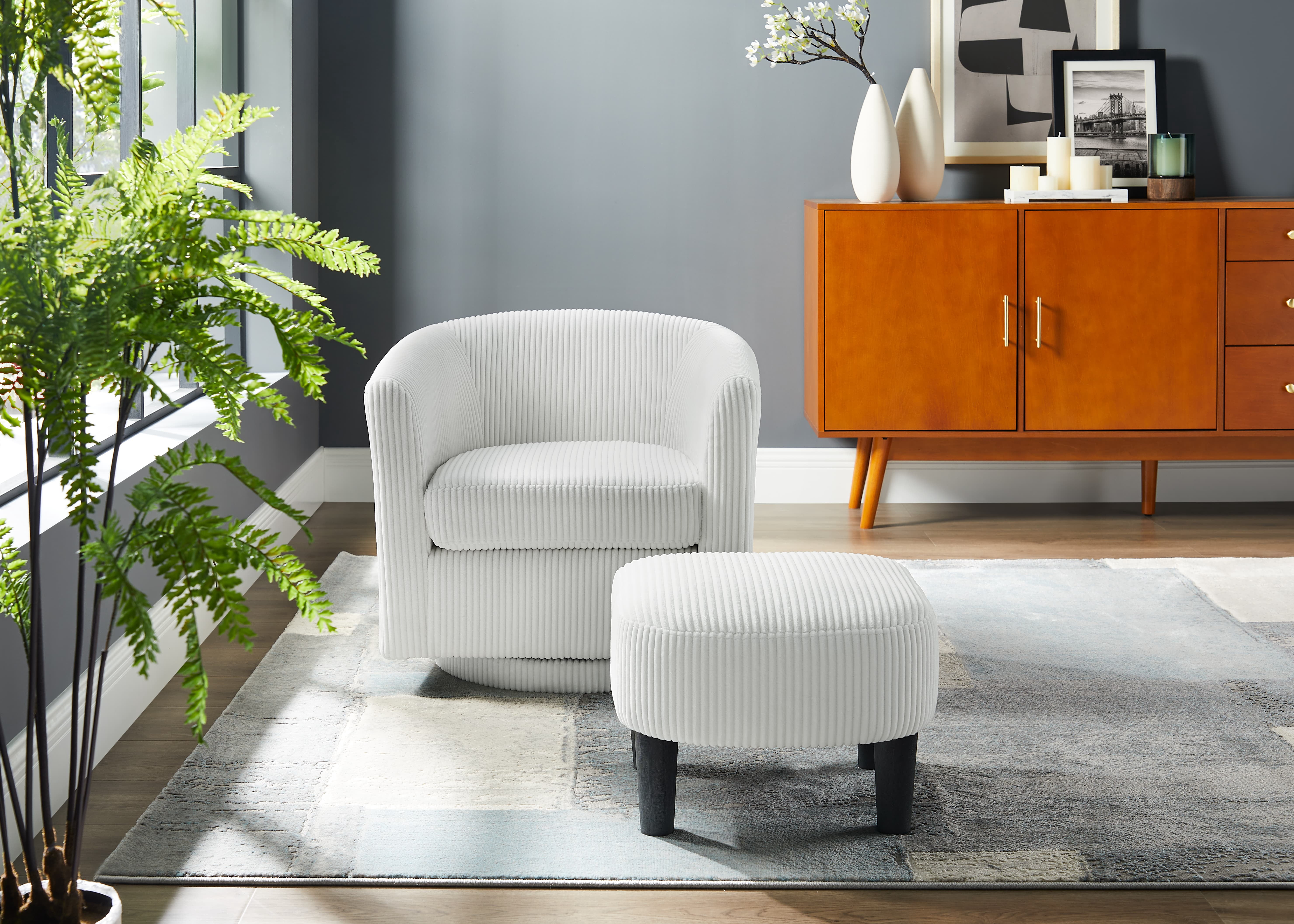 MAYEERTY 360° Swivel Corduroy Recliner Armchair with Ottoman for Living Room/Bedroom，White