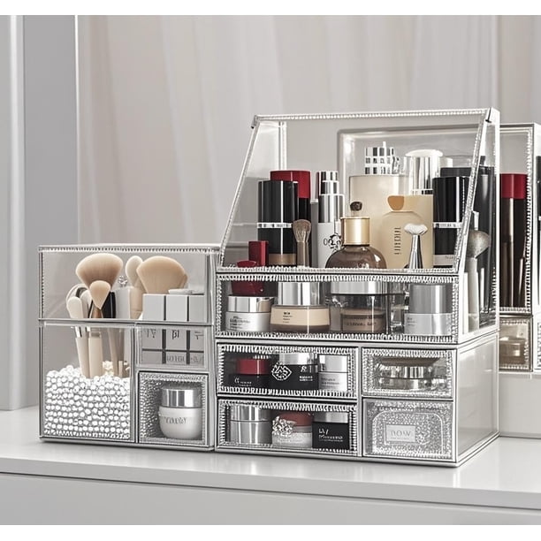 Organizador de maquillaje Hersoo Glass Vanity, apilable, juego de 2 cajones