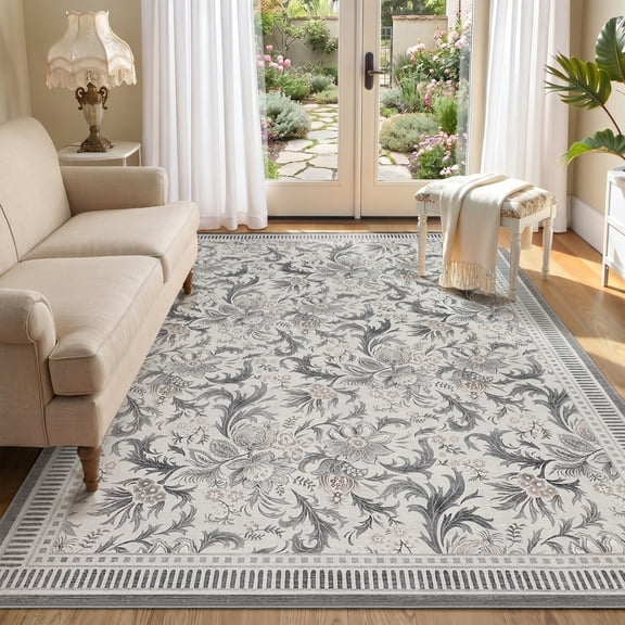 Washable Area Rug, 9x12 Floral Soft Rug for Living Room, Non Slip Low Pile Carpet for Living Room, Bedroom, Dining Room, Grey