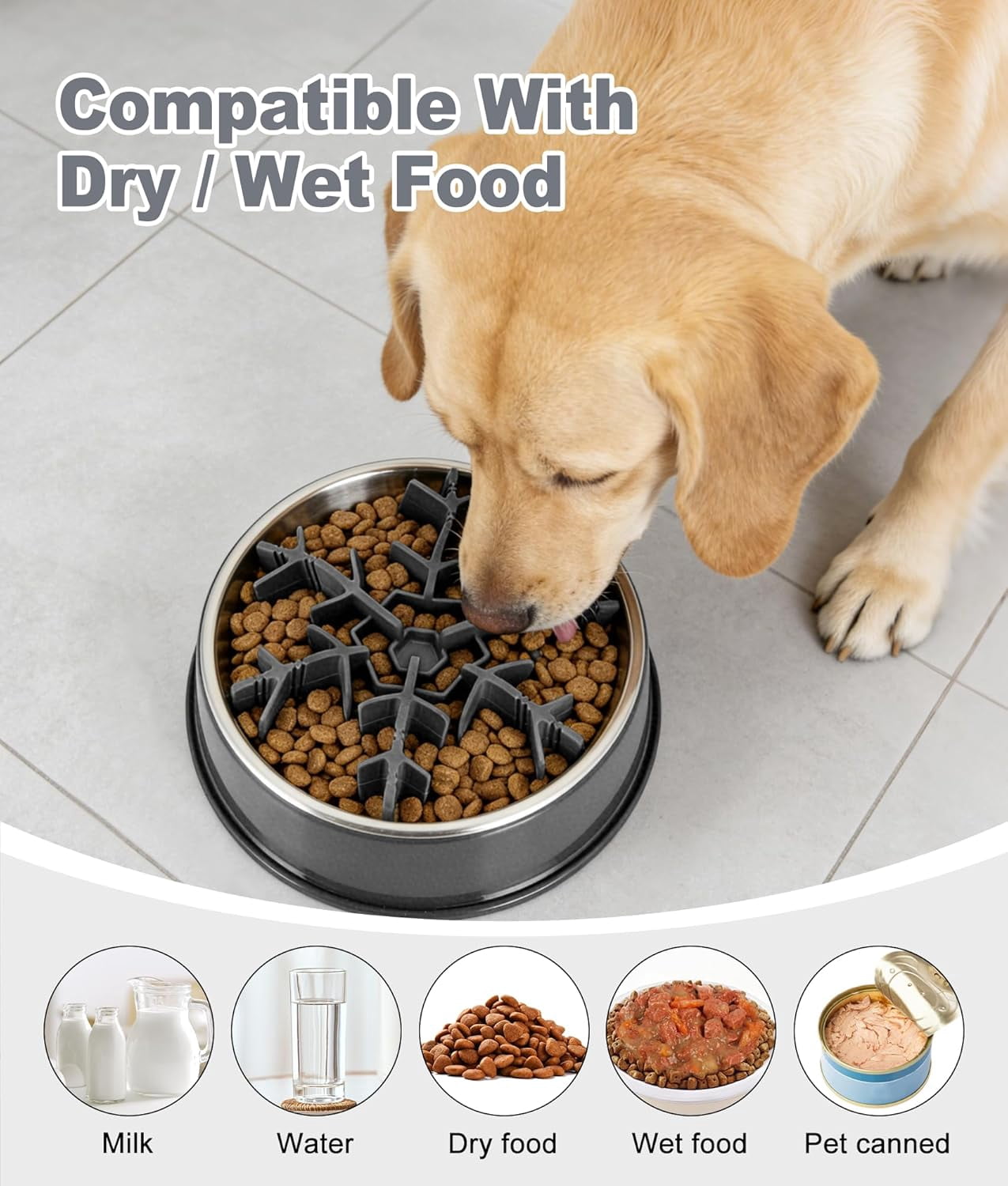 Slow Feeder Insert for Dog Bowl,  100% Food-Grade Silicone Slow Feeder Insert Fits Large Medium Small Size Dogs, Compatible with Regular & Elevated Bowls, Helps Prevent Digestive Issues, Gray