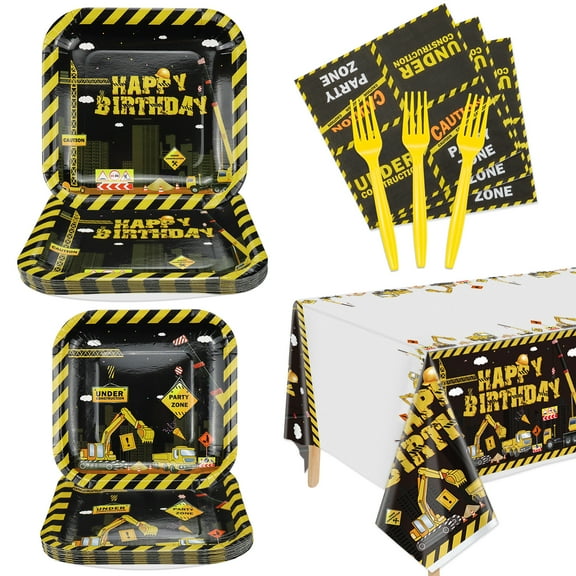 81 Pcs Construction Birthday Party Supplies - Include Dump Truck Pattern Plates, Construction Tablecloth, Napkins,fork ,for Boy's Birthday Party, Serves 20