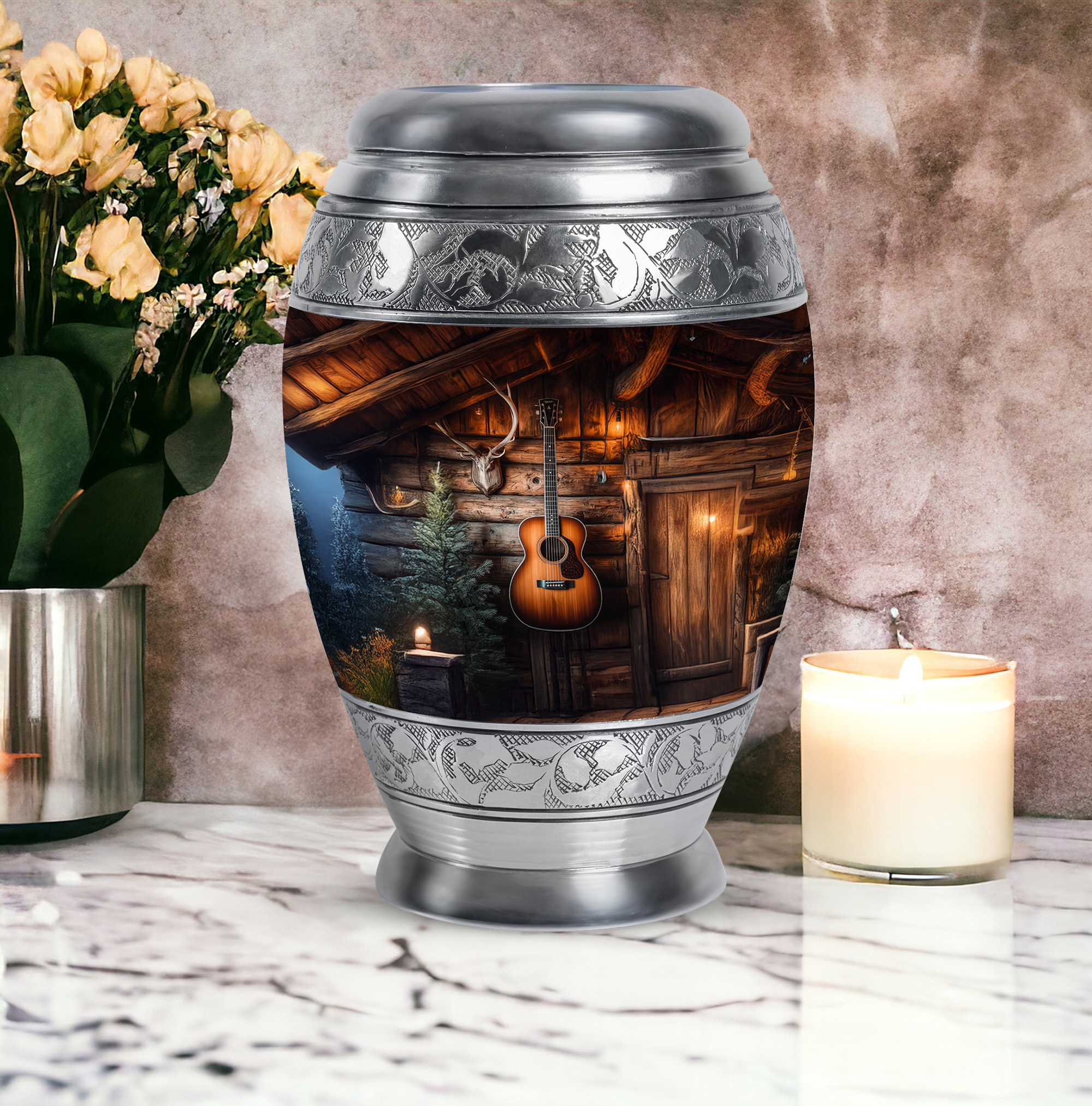 MUKTIVE Guitar Cremation Urns for Human Ashes Adult Male Keepsake - Brown Funeral Urns for Adult Ashes Large Men - Decorative Containers Holder - Remembrance Gifts for Loss (1 Large & 4 Keepsake)