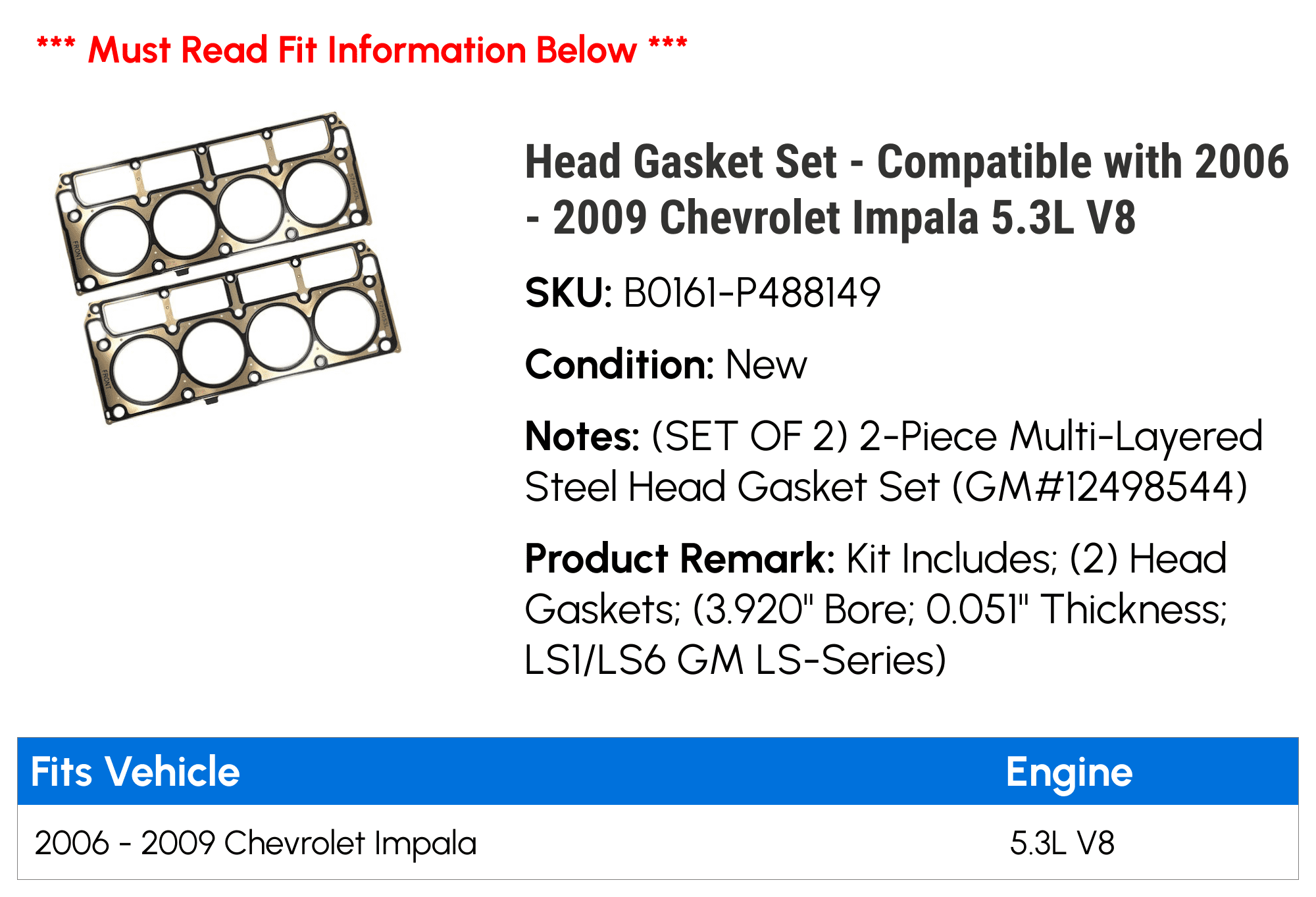 Head Gasket Set - Compatible with 2006 - 2009 Chevy Impala 5.3L V8 2007 2008