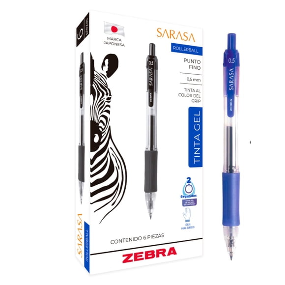Zebra Bolígrafo Retráctil Sarasa Punto 0.5 mm Tinta Gel Secado Rápido Caja con 6 Piezas Color azul