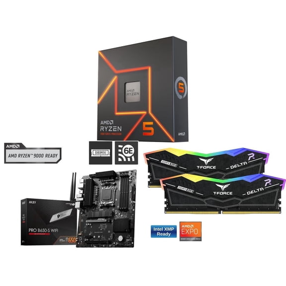 CPU Motherboard Memory Combo - AMD Ryzen 5 7600X Bundle with MSI PRO B650-S WIFI and Team Group FF3D516G6000HC38ADC01
